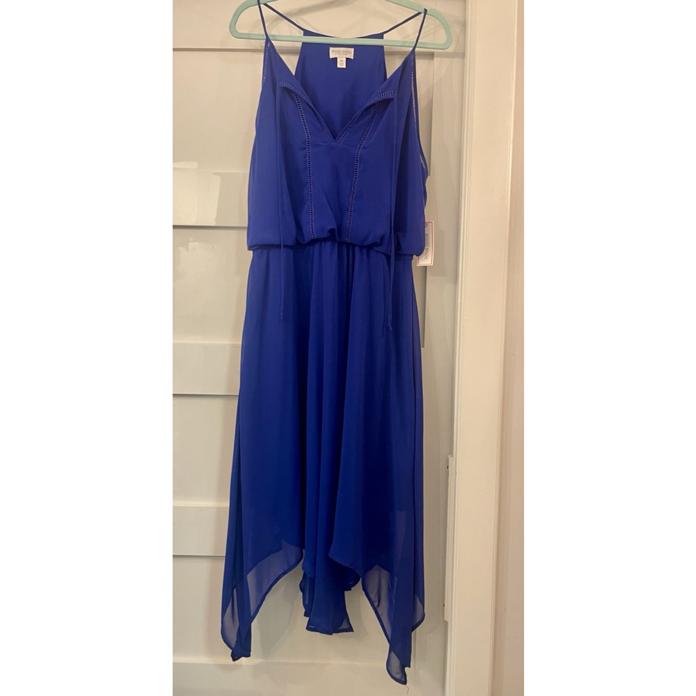 BISOU BISOU Sheer Asymmetrical Royal Blue Boho Midi Dress Lined Size 14